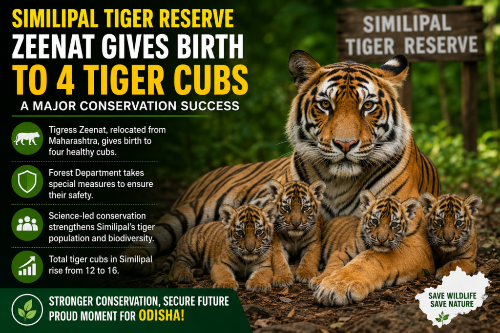 Similipal Tiger Reserve tigress Zeenat with four tiger cubs